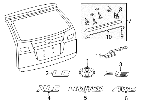 2020 Toyota Sienna Exterior Trim - Lift Gate Nameplate Diagram for 75443-08030