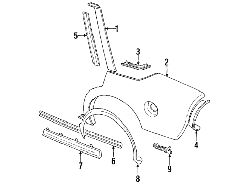 1990 Oldsmobile Cutlass Supreme Quarter Panel & Components, Glass, Exterior Trim Molding Asm-Rear Quarter Center Front *Red Diagram for 10114375