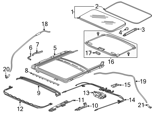 2018 Acura RLX Sunroof Seal, Sunroof Glass Diagram for 70205-T3L-A01