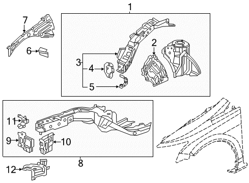 2012 Honda Civic Structural Components & Rails Separator, R. FR. Wheelhouse Member (Upper) Diagram for 60659-TR0-A01