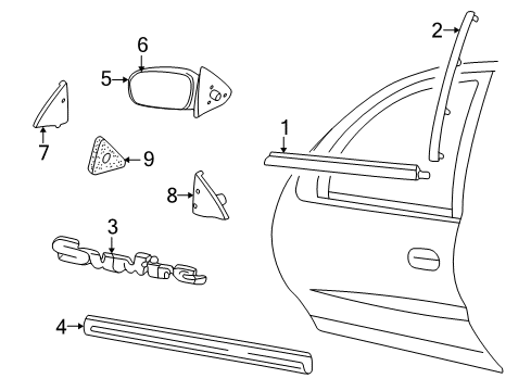1995 Pontiac Sunfire Outside Mirrors, Exterior Trim Molding Asm, Front Side Door Center- RH (Paint To Match) Diagram for 88892078