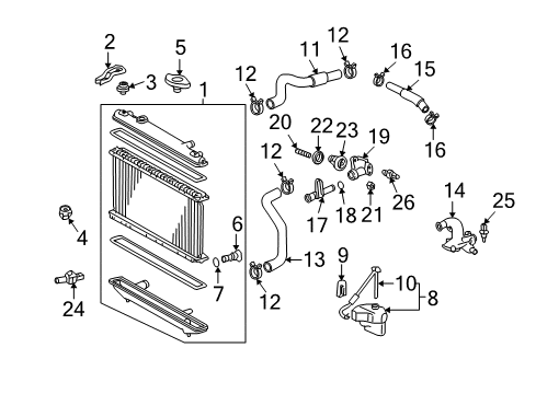 2006 Toyota Highlander Powertrain Control Radiator Assembly Mount Bracket Diagram for 16533-20010