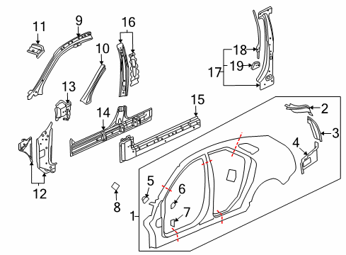 2012 Cadillac CTS Center Pillar, Hinge Pillar, Rocker, Uniside Uniside Assembly Diagram for 20951254