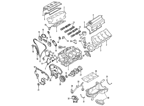 Diagram for 2001 Nissan Pathfinder Engine Parts, Mounts, Cylinder Head & Valves, Camshaft & Timing, Oil Pan, Oil Pump, Crankshaft & Bearings, Pistons, Rings & Bearings, Variable Valve Timing 