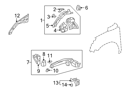 2009 Honda CR-V Structural Components & Rails Bulkhead, L. FR. Shock Absorber Extension (FR) Diagram for 60715-STK-A00ZZ