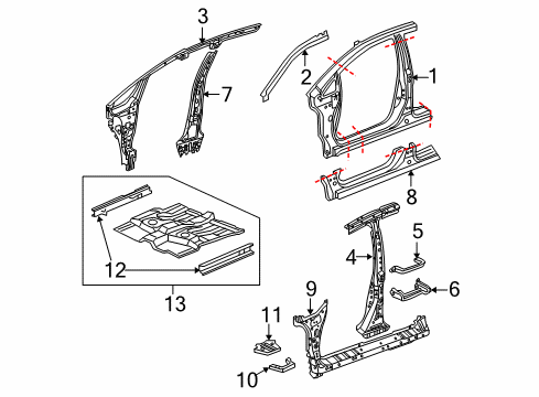 2011 Honda Fit Aperture Panel, Center Pillar, Floor & Rails, Hinge Pillar, Rocker Floor, FR. Diagram for 65100-TK6-A01ZZ