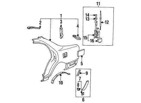 1993 Lexus ES300 Antenna & Radio Clip Sub-Assy, Outside Moulding Diagram for 75039-33010