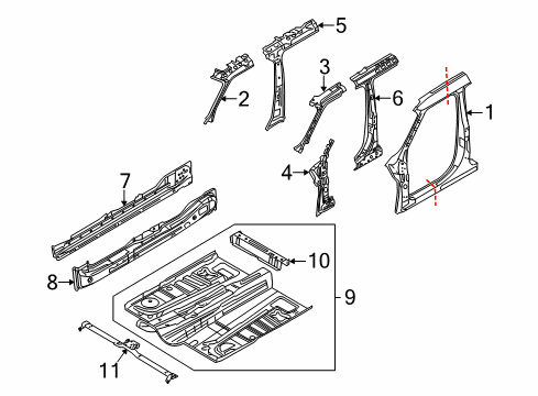 2016 Ford Flex Aperture Panel, Center Pillar & Rocker, Floor, Hinge Pillar Seat Crossmember Diagram for DA8Z-7410672-A