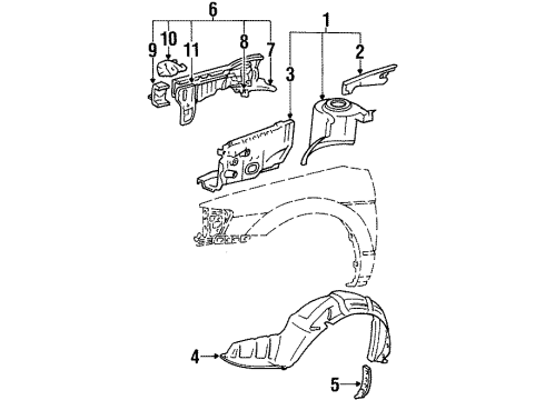 1992 Toyota Paseo Structural Components & Rails Liner, Front Fender, RH Diagram for 53875-16061