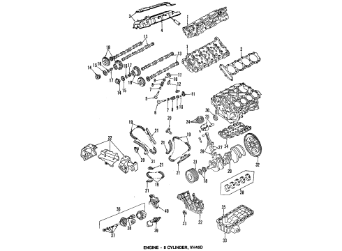 1996 Infiniti Q45 Engine Parts, Mounts, Cylinder Head & Valves, Camshaft & Timing, Oil Pan, Oil Pump, Crankshaft & Bearings, Pistons, Rings & Bearings Oil Pan Assembly Diagram for 11110-60U10