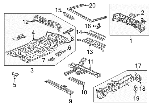2011 Acura ZDX Rear Body Panel, Floor & Rails Crossmember Complete C, Floor Middle Diagram for 65730-SZN-A00ZZ