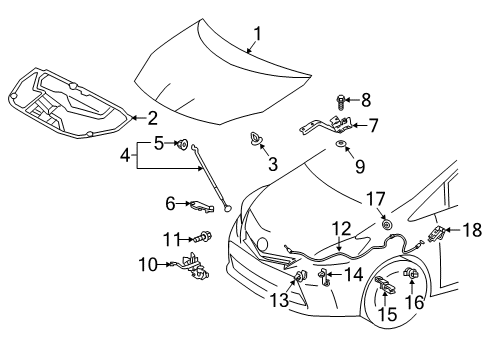 2016 Toyota Prius V Hood & Components Release Handle Diagram for 53601-52010-B9