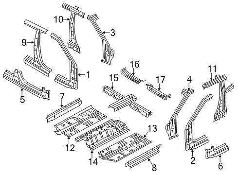 2016 Hyundai Veloster Center Pillar, Hinge Pillar, Rocker, Floor & Rails Panel Assembly-Center Floor Side, L Diagram for 65110-2V011