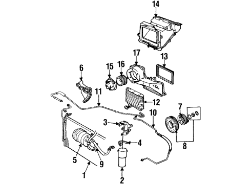 1990 Chevrolet Beretta Condenser, Compressor & Lines, Evaporator Components, Blower Motor & Fan Tube Asm-A/C Accumulator Diagram for 10168734