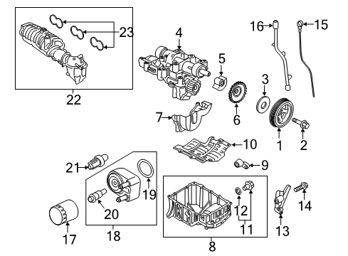 2018 Ford EcoSport Engine Parts, Mounts, Cylinder Head & Valves, Camshaft & Timing, Variable Valve Timing, Oil Cooler, Oil Pan, Oil Pump, Balance Shafts, Crankshaft & Bearings, Pistons, Rings & Bearings Cover Diagram for H1BZ-6D082-A