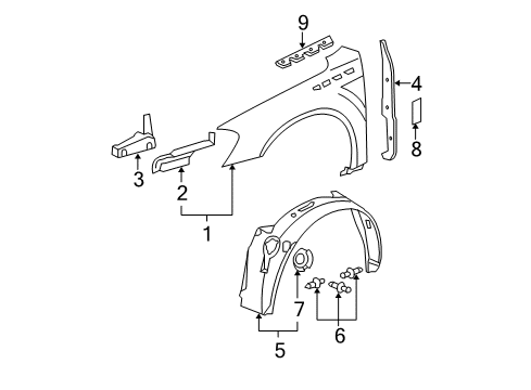 2008 Buick Lucerne Fender & Components, Exterior Trim Fender Liner Diagram for 15913336