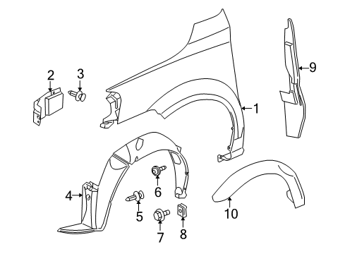 2005 Pontiac Montana Fender & Components, Exterior Trim Barrier Asm-Front Fender Rear Sound Diagram for 10375081