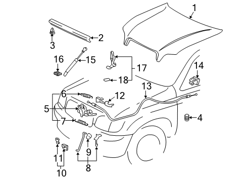 2002 Toyota Sequoia Hood & Components Hook Assy, Hood Auxiliary Catch Diagram for 53550-0C020