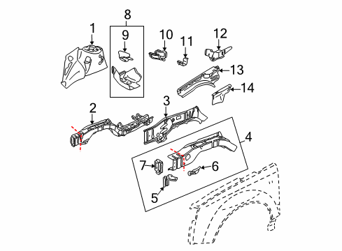 2003 Saturn Vue Inner Components - Fender Panel Asm, Front Wheelhouse Diagram for 22717012