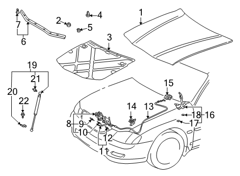2000 Toyota Avalon Hood & Components Support Cylinder Bracket Diagram for 53481-AA010