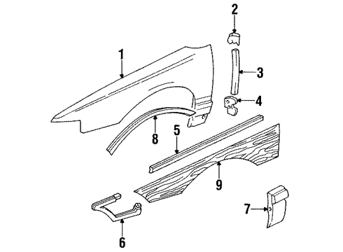 1996 Buick Roadmaster Fender & Components, Exterior Trim Molding Asm, Front Fender Lower Rear Diagram for 12482009