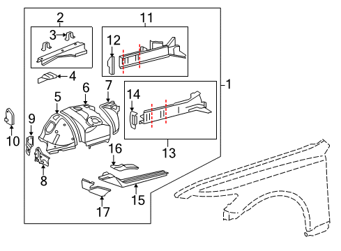 2014 Lexus LS600h Structural Components & Rails Apron Assembly, Front Fender Diagram for 53720-50903