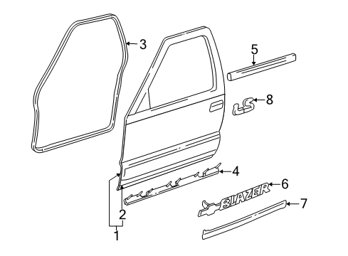 1997 Chevrolet Blazer Front Door & Components, Exterior Trim Molding, Front Side Door Lower Diagram for 15023276