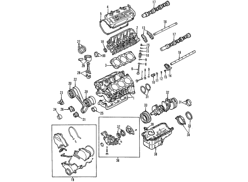 1999 Chrysler Cirrus Engine Parts, Mounts, Cylinder Head & Valves, Camshaft & Timing, Oil Pan, Oil Pump, Balance Shafts, Crankshaft & Bearings, Pistons, Rings & Bearings Bracket Cylinder Block Engine Diagram for MD314514