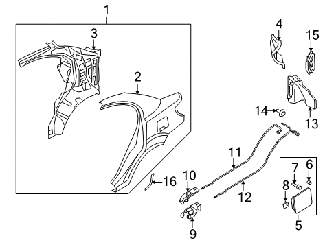 2010 Kia Rio Quarter Panel & Components, Exterior Trim Fuel Filler Door Assembly Diagram for 695101G000