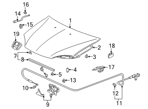 2000 Honda Insight Hood & Components, Exterior Trim Cushion, Hood Diagram for 74144-SR3-000