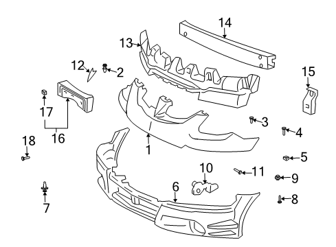 2004 Pontiac Vibe Front Bumper Bracket, Front Bumper Fascia Upper Diagram for 88970440