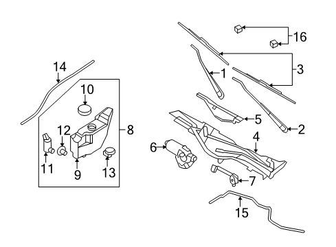2009 Ford Crown Victoria Wiper & Washer Components Arm & Pivot Assembly Diagram for 8W7Z-17566-A
