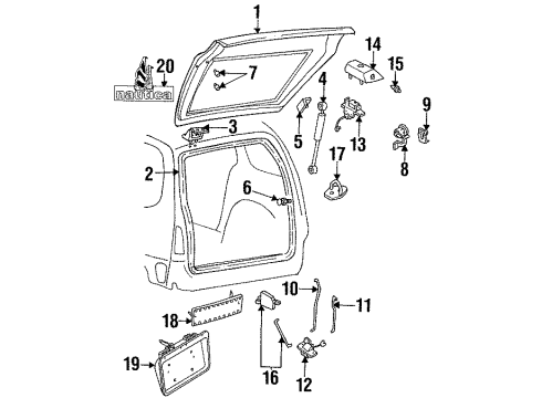 1994 Mercury Villager Lift Gate & Hardware, Exterior Trim Support Cylinder Diagram for F3XY12406A10C