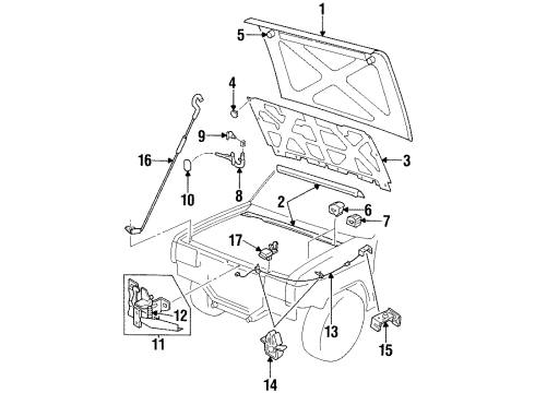 1999 Acura SLX Hood & Components Lock, Engine Hood Diagram for 8-97175-751-1