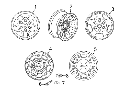 2000 GMC Sierra 1500 Wheels Wheel Rim Kit, Aluminum *Silver K Diagram for 12368954