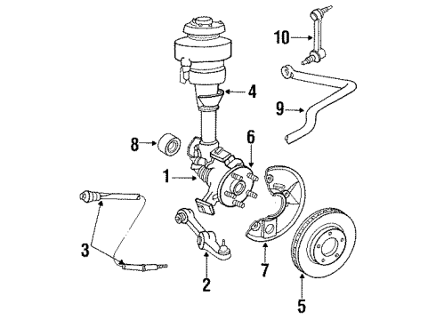 1990 Lincoln Continental Front Suspension Components, Lower Control Arm, Ride Control, Stabilizer Bar Height Sensor Diagram for F2OY5359B