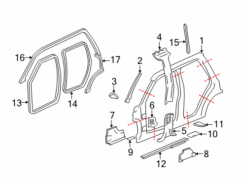 2004 Chevrolet Trailblazer EXT Uniside Weatherstrip Asm-Front & Rear Side Door Upper Auxiliary Diagram for 15131621