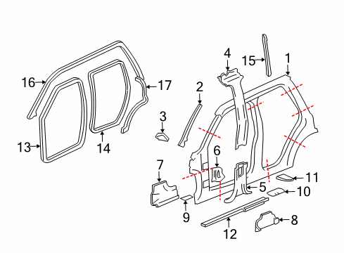 2003 Oldsmobile Bravada Uniside Panel, Center Pillar Inner Lower Diagram for 15066535