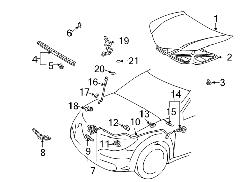 2004 Pontiac Vibe Hood & Components Support Rod Diagram for 88970748