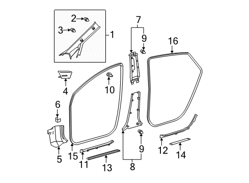 Diagram for 2009 Toyota Prius Interior Trim - Pillars, Rocker & Floor 