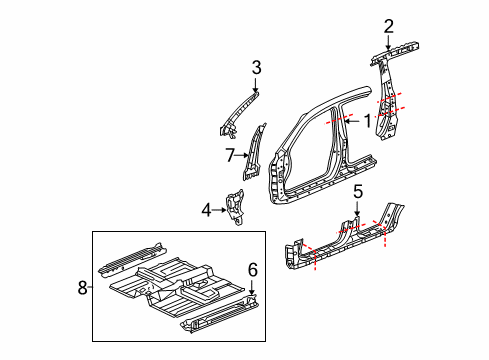 2005 Acura TSX Aperture Panel, Center Pillar, Floor & Rails, Hinge Pillar, Rocker Floor, Front Diagram for 65100-SEA-G01ZZ