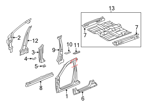 2010 Acura TL Aperture Panel, Center Pillar, Floor & Rails, Hinge Pillar, Rocker Floor, Front Diagram for 65100-TK4-A01ZZ