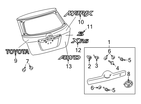 2009 Toyota Matrix Exterior Trim - Lift Gate Nameplate Diagram for 75442-02170