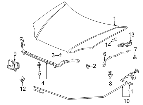 1998 Honda Civic Hood & Components Lock Assembly, Hood Diagram for 74120-S04-505