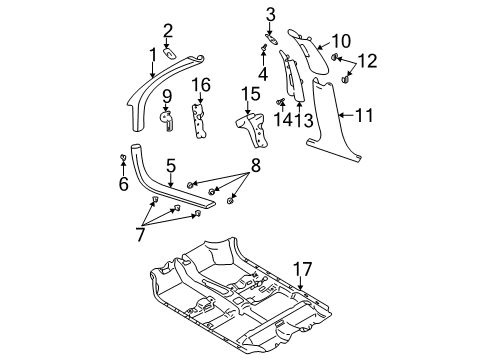 2002 Chevrolet Impala Interior Trim - Pillars, Rocker & Floor Cowl Trim Clip Diagram for 10436781