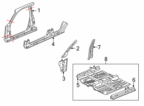 2003 Honda Civic Center Pillar, Hinge Pillar, Rocker, Floor & Rails, Uniside Floor, FR. Diagram for 65100-S5B-A01ZZ