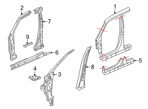 2011 Honda Pilot Aperture Panel, Center Pillar, Hinge Pillar, Rocker Reinforcement, L. Side Sill Diagram for 63620-SZA-A00ZZ