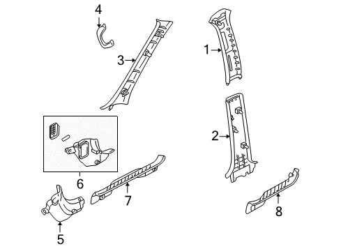 2007 Mercury Mariner Interior Trim - Pillars, Rocker & Floor Weatherstrip Pillar Trim Diagram for 6L8Z-7803599-AAA