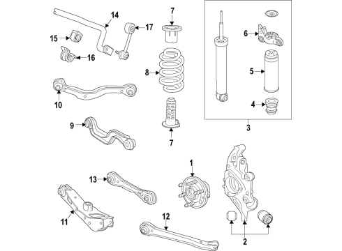 2021 Chevrolet Traverse Rear Suspension Components, Lower Control Arm, Upper Control Arm, Stabilizer Bar Lower Insulator Diagram for 84953055