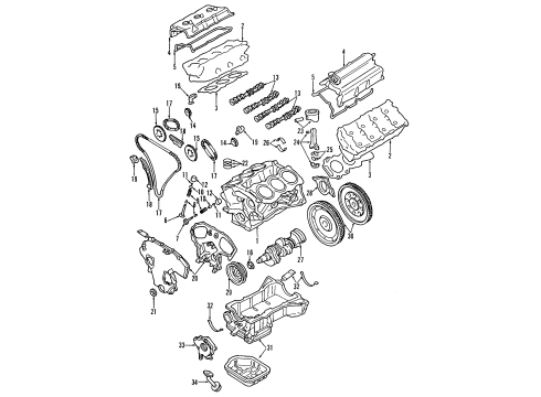 Diagram for 2003 Nissan Maxima Engine Parts, Mounts, Cylinder Head & Valves, Camshaft & Timing, Oil Pan, Oil Pump, Crankshaft & Bearings, Pistons, Rings & Bearings 